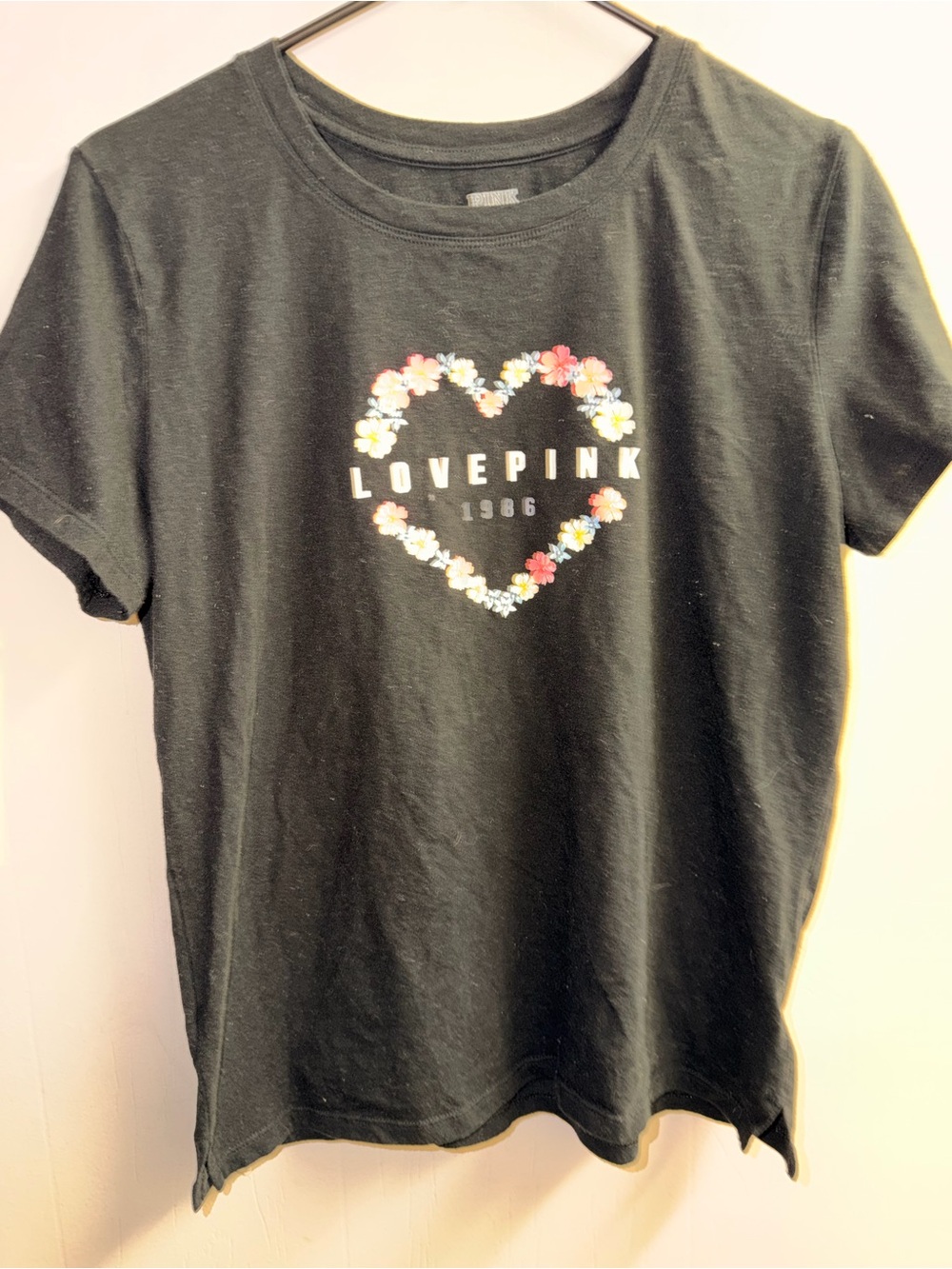 PINK Victoria's Secret Black Tee with Multicolor Floral Heart